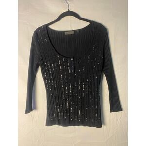 Yuka Paris Black Sequin Scoop Neck Collar Ribbed Long Sleeve Women's Size Large